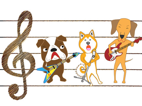 犬のコンサート。犬がギターを演奏している。