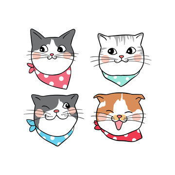 Draw vector illustration head of cute cat and beauty scarf