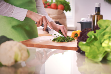Close Up of human hands cooking vegetable salad in kitchen on the glass table with reflection. Healthy meal, and vegetarian food concept