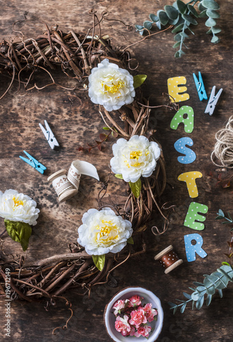 Homemade Easter Wreath Of Vines With Flowers Paper Letters