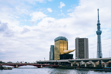Fototapeta na wymiar October 29, 2016: Tokyo skyscraper across the river in Asakusa including the Tokyo Skytree and the Asahi Beer Hall in Tokyo, Japan
