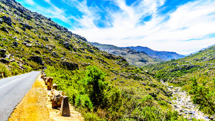 The narrow and scenic Bainskloof Pass through the Witte River or Witrivier Canyon between the towns...