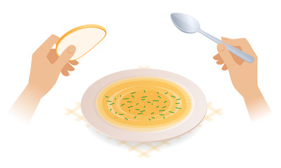Flat isometric illustration of full plate with soup, hands holding spoon and bread. The eating of bread and broth from ceramic dish. The ingestion and food vector concept isolated on white background.