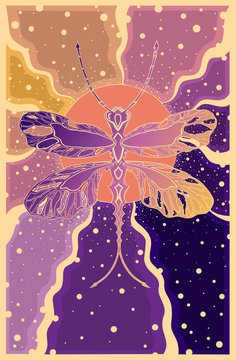 dragonfly on a background of sun rays in purple and orange colors, decorative illustration, murals, banner, card, Wallpaper