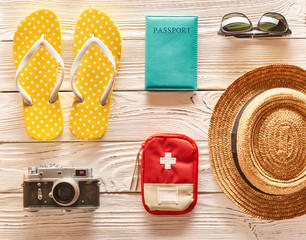 Travel and beach items flat lay