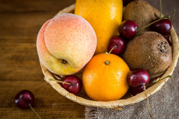 The fruit in the basket.  Still life of fruit.