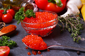 Red caviar with spices and vegetables