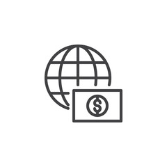 Fototapeta premium Globe with dollar money outline icon. linear style sign for mobile concept and web design. Worldwide money transfers simple line vector icon. Symbol, logo illustration. Pixel perfect vector graphics