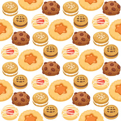 Cookie cakes top view sweet homemade breakfast bake food biscuit pastry seamless pattern background vector illustration.