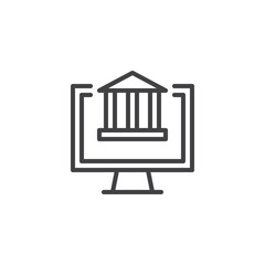 Bank building on computer monitor screen outline icon. linear style sign for mobile concept and web design. Online banking simple line vector icon. Symbol, logo illustration