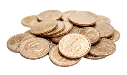 Heap of one dollar coins on white background.