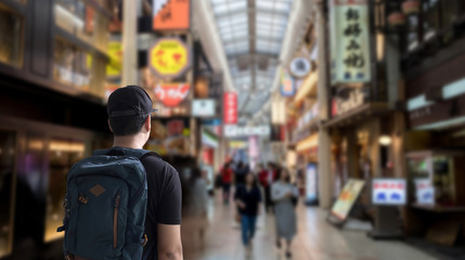 Young man Asian Happy tourists  traveling backpacker Tourist traveler on background view