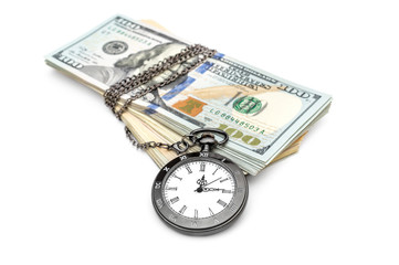 Pocket watch with heap of money on white background.