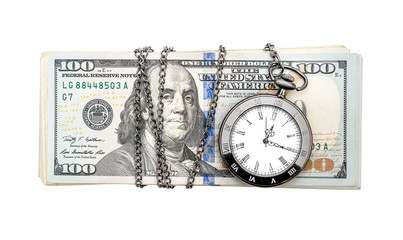 Pocket watch with heap of money on white background. Top view.