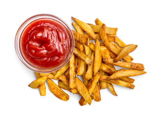 Heap of fried potato with ketchup on white background. Top view.