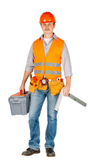 construction worker in a helmet  with toolbox