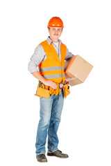 male builder or manual worker in helmet holding and moving  cardboard box on white background.
