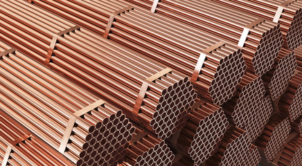 Obraz na płótnie Canvas Stack of copper pipes in warehouse. Rolled metal products. 3d illustration.