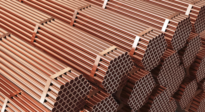 Stack of copper pipes in warehouse. Rolled metal products. 3d illustration.