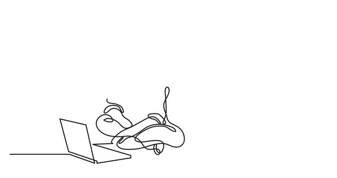 Animation of one line drawing of a woman sitting with laptop computer