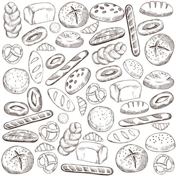 Vector background with hand drawn  bread.