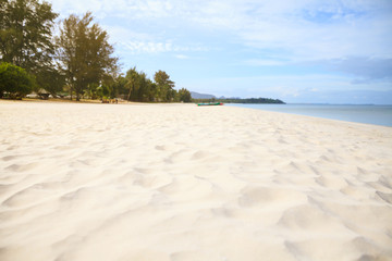 Sandy beach with sea on background.