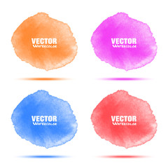 Set of bright red orange blue violet watercolor vector circle stains isolated on white background with realistic paper watercolor texture. Aquarelle vibrant spots. Blur light wash drawing elements. 