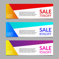 Sale and discount banner design template set. 75, 85, 95 percent price off. Modern horizontal business background layout or header. Vector illustration.
