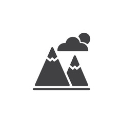 Snowy mountain peaks and clouds vector icon. filled flat sign for mobile concept and web design. Mountain landscape simple solid icon. Symbol, logo illustration. 