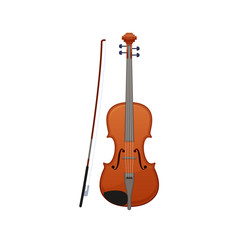 Fototapeta premium Realistic wooden musical violin, with wand. Carved classical musical instrument.