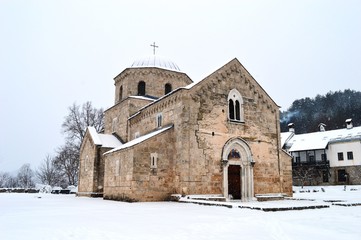 Serbian Orthodox monastery in the snow