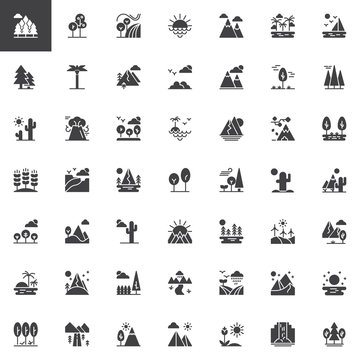 Nature landscapes vector icons set, modern solid symbol collection, filled style pictogram pack. Signs, logo illustration. Set includes icons as forest field, sunset, sunrise, mountain, desert, island