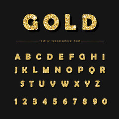 Golden glitter font on black background. Modern decorative alphabet for festive design. Glamour.