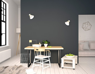 Modern interior, a place for study, consisting of working Desk and chair. 3D illustration. wall mock up