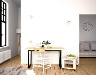 Modern interior, a place for study, consisting of working Desk and chair. 3D illustration. wall mock up