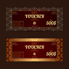 Gift voucher with elegant noble design. Vector template for coupon luxury style. Cards with floral patterns.