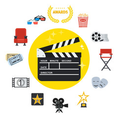 Set of cinema icons. Flat vector cartoon illustration. Objects isolated on a white background.