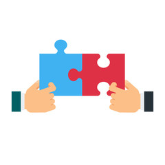 Hands of businessmen with puzzles. Concept of cooperation and teamwork. Flat vector cartoon illustration. Objects isolated on white background.