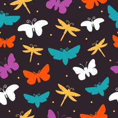 simple children's ornament. butterflies and dragonflies. vector seamless background