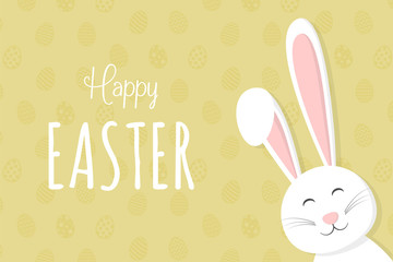 Happy Easter - concept of a card with smiley bunny on a background with eggs. Vector.