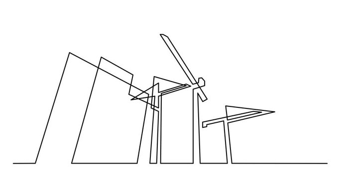 Animation of continuous line drawing of construction buildings with cranes