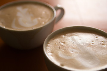 closeup a cups of coffee on a table in a cafe 