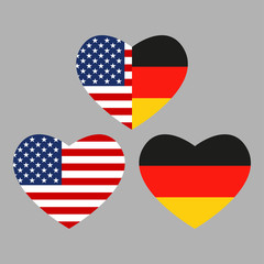 US and Germany flags icon in the heart shape. American and German friendship symbol. Vector illustration.