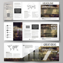 Business templates for tri fold square design brochures. Leaflet cover, vector layout. Abstract multicolored backgrounds. Geometrical patterns. Triangular and hexagonal style.
