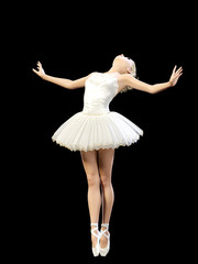 Naklejka premium Dancing ballerina 3D. White ballet tutu. Blonde girl with blue eyes. Ballet dancer. Studio photography. High key. Conceptual fashion art. Render realistic illustration. Black background.