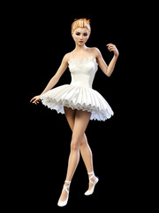Naklejka premium Dancing ballerina 3D. White ballet tutu. Blonde girl with blue eyes. Ballet dancer. Studio photography. High key. Conceptual fashion art. Render realistic illustration. Black background.