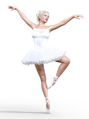 Naklejka premium Dancing ballerina 3D. White ballet tutu. Blonde girl with blue eyes. Ballet dancer. Studio photography. High key. Conceptual fashion art. Render realistic illustration. White background.
