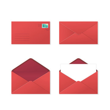 A set of red open and closed envelopes from the front and back, with paper inside and postal stamp. Mail, letter, correspondence, quick instant message. Blank invelopes.