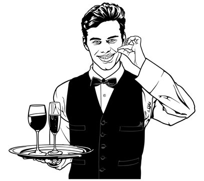Waiter Carrying Drinks and Showing Delicious - Black and White Sketch Illustration, Vector
