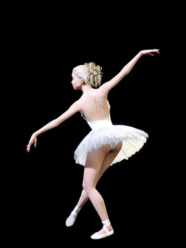 Dancing ballerina 3D. White ballet tutu. Blonde girl with blue eyes. Ballet dancer. Studio photography. High key. Conceptual fashion art. Render realistic illustration. Black background.